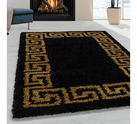 Viva Rugs Black Fluffy Rug Shaggy Yellow Gold Geometric Border Pattern Large Small Soft Carpet for Bedroom Living Room (Black Yellow Gold, 80x150cm (2'6"x5'0"))