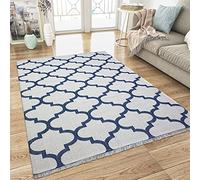 Viva Rugs Cotton Rug Cream Blue Flat Weave Washable Moroccan Trellis Handwoven Tassels Large XL Small Runner (Cream Navy Blue, 60x90cm (2'x3'))