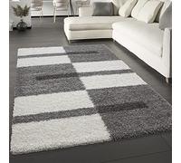 Viva Rugs Fluffy Rug Grey White Cream Geometric Shaggy 30mm Long Pile Carpet Large XL Small for Bedroom Living Room (200x290cm (6'7"x9'6"))