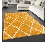 Viva Rugs Fluffy Rug Mustard Yellow Shaggy 30mm Long Piles Large & Small Sizes Thick Soft Diamond Geometric Carpet for Living Room Bedroom (Mustard Yellow, 80x150cm (2'6"x5'0"))