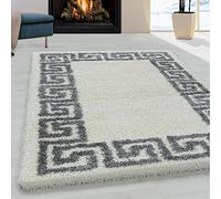 Viva Rugs Fluffy Rug White Cream Shaggy Grey Geometric Border Pattern Large Small Soft Carpet for Bedroom Living Room (White Cream, 80x150cm (2'6"x5'0"))