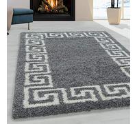 Viva Rugs Grey Fluffy Rug Shaggy White Cream Geometric Border Pattern Large Small Soft Carpet for Bedroom Living Room (Grey, 120x170cm (4'x5'6"))