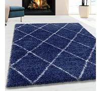 Viva Rugs Navy Blue Fluffy Rug for Bedroom Living Room Geometric Shaggy Long Pile Carpet Large/Medium/Small Sizes Diamond Pattern (160x230cm (5'3"x7'7"), Navy Blue)