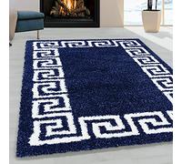 Viva Rugs Navy Fluffy Rug Dark Blue Shaggy White Geometric Border Pattern Large Small Soft Carpet for Bedroom Living Room (60x110cm (2'x3'7"))