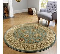 Viva Rugs Round Rug Teal Blue Cream Beige for Living Room Bedroom Soft Pile Vintage Traditional Oriental Circle Carpet Woven Mat 120cm 150cm (120cm - 4 ft Circle)
