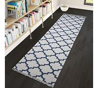 Viva Rugs Runner Rug Cream Blue 300cm Long Cotton Runner Flat Weave Washable Moroccan Trellis Handwoven Tassels Hallway Mat (Cream Navy Blue, 75x300cm (2'5"x9'8"))