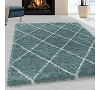 Viva Rugs Teal Blue Fluffy Rug for Bedroom Living Room Geometric Shaggy Long Pile Carpet Large/Medium/Small Sizes Diamond Pattern (80x150cm (2'6"x5'0"), Teal Blue)