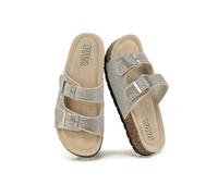 VIVA Women's Women's Double Buckle Cork Footbed Sandals - Flat Slide Sandals in Silver | Size: 3 Viva Silver 3