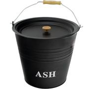 VIVAAS 12L Ash Bucket With Lid Easy to Carry Wooden Handle Fireside For Hot Ash Coal Logs Chunks Pellets Fireplaces Fire Pits Bucket Charcoal Bin Box Galvanised Black for Indoor Outdoor