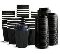 VIVAAS 200 X 8oz Ripple Disposable Coffee Cups with Lids Black Insulated Triple Wall Kraft Paper Coffee Cups for Takeaway Coffee,Tea or Hot and Cold Drinks for Cafes Offices Events or Parties