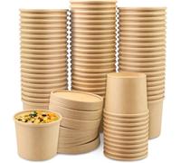 VIVAAS 50 X 12oz Disposable Soup Containers with Lids Paper Bowl Brown Kraft Takeaway Paper Soup Cups Takeaway Tubs for Hot or Cold Food Ice Cream, Dessert, Sundae, Frozen Yogurt, Deli Containers