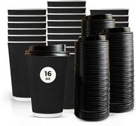 VIVAAS 500 X 16oz Disposable Kraft Ripple Paper Cups with Black Lids - Leak-Proof 3-Ply Insulated Coffee Cups for Hot & Cold Beverages - Eco-Friendly Takeaway Cups for Home, Office, Cafes