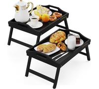 VIVAAS Bamboo Bed Tray Table Pack Of 2 With Foldable Legs And Handles Breakfast Tray for Sofa, Bed, Eating, Platters, Working, Serving, Drawing, Laptop Stand, Wooden Snack Tray (Black)
