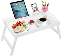 VIVAAS Bamboo Bed Tray Table With Foldable Legs - Multipurpose Lap Tray With Media Slot, Carrying Handles (White)