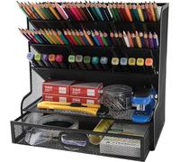 VIVAAS Desk Organiser Mesh Desk Tidy Pen & Pencil Holder Mesh Desk Tidy Organiser Holder With Drawer Multifunctional Stationary Organiser Black for School Home Office Art Supplies