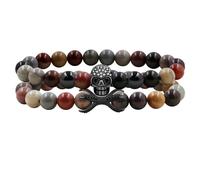 Vivaday 2PCS Picture Jasper Elastic Bracelet, Cubic Zirconia Paved Gothic Skull Black Skeleton Head Bracelets for Men and Women - YA5150