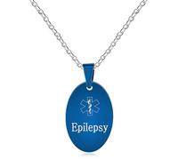 Vivaday Epilepsy Medical Alert Necklace for Men - Blue Stainless Steel Emergency Dog Tag Pendant - Heart Monitoring System Jewelry for Him Partner Lover