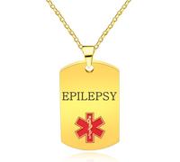 Vivaday Gold Plated Medical ID Tag Necklace for Epilepsy | Epilepsy Warning Red Caduceus Medical Alert Pendant | Engraved Medical ID Necklace for Allergies | First Aid Symbol Pendant | Stainless Steel