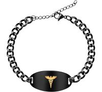 Vivaday Medical Alert Bracelet Stainless Steel with Gold Caduceus | Dynamic QR Code or Laser Engraved Medical ID Bracelet for Men Women | Adjustable Emergency Contact Allergy ID Jewelry Black Silver