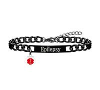 Vivaday Medical Identification Bracelets | Black Plated Epilepsy Bracelet | Custom Waterproof Safety Medical Wristband for Men Women | Stainless Steel Cuban Chain Jewelry 7.5"+2" Adjustable YA5169