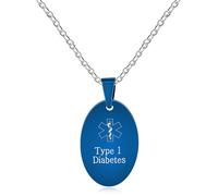 Vivaday Men's Type 1 Diabetes Necklace - Blue Stainless Steel Oval Pendant - Emergency SOS Medical Alert Jewelry for Father and Husband