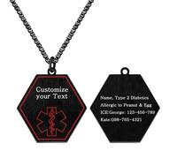Vivaday Personalized Medical Alert Necklace for Men, Custom Engraved Stainless Steel Emergency ID Pendant, Black Hexagon Health Information Jewelry Gift for Dad Grandpa Brother