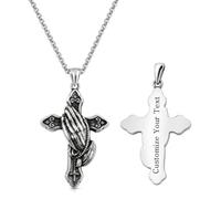 Vivaday Personalized Praying Hands Cross Necklace, Custom Engraved Stainless Steel Christian Cross Pendant for Men Women, Memorial Religious Jewelry Gift YA7018