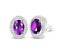Vivaday Purple Cubic Zirconia Stud Earrings for Her | White Gold Plated Oval Faux Diamond Halo Earrings | Perfect for Women Christmas Anniversaries Birthday Gift YA5119