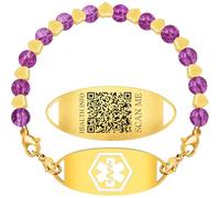 Vivaday Stainless Steel Medical Alert Bracelet for Women 18K Gold Plated Tarnish Resistant | Laser Engraved Text or Dynamic QR Code ID Bracelet | Green Pink Purple Crack Bead Heart Adjustable Jewelry