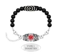 Vivaday Type 1 Diabetes Medical Alert Bracelet, Black Agate Beaded Stainless Steel ID Bracelet with Emergency Medical Information