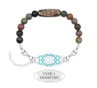 Vivaday Type 1 Diabetes Medical Alert Bracelet with Nine Eye Dzi Agate, Indian Agate Beads & Stainless Steel ID Plate
