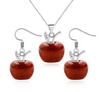 Vivaday Women's Natural Red Stone Apple Pendant Necklace Earrings Set | Charming Red Apple Design Harvest Festival Gift for Wife