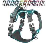 VIVAGLORY Dog Harness Easewalk No Pull Dog Harness with Handle Front Clip & Back Clip for Training Walking Lifting, No Pull Adjustable Easy On Padded Comfortable for Pet, L, Hunter Teal - Patterned