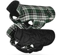 VIVAGLORY Softjoy Dog Coat, Coat & Jacket for Dog Winter & Christmas, Jacket with Harness Hole & Velcro Closure, Reversible Plaid Checkered Warm Fluffy Heavy Duty, S, Green