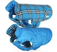 VIVAGLORY Softjoy Dog Coat, Coat & Jacket for Dog Winter & Christmas, Jacket with Harness Hole & Velcro Closure, Reversible Plaid Checkered Warm Fluffy Heavy Duty, XS, Blue