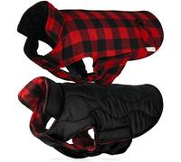 VIVAGLORY Softjoy Dog Coat, Coat & Jacket for Dog Winter & Christmas, Jacket with Harness Hole & Velcro Closure, Reversible Plaid Checkered Warm Fluffy Heavy Duty, XL, Red Black