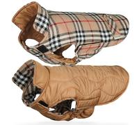 VIVAGLORY Softjoy Dog Coat, Coat & Jacket for Dog Winter & Christmas, Jacket with Harness Hole & Velcro Closure, Reversible Plaid Checkered Warm Fluffy Heavy Duty, XL, Khaki
