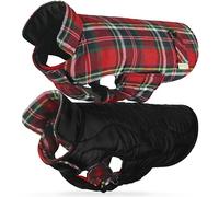VIVAGLORY Softjoy Dog Coat, Coat & Jacket for Dog Winter & Christmas, Jacket with Harness Hole & Velcro Closure, Reversible Plaid Checkered Warm Fluffy Heavy Duty, XL, Red