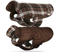 VIVAGLORY Softjoy Dog Coat, Coat & Jacket for Dog Winter & Christmas, Jacket with Harness Hole & Velcro Closure, Reversible Plaid Checkered Warm Fluffy Heavy Duty, M, Coffee