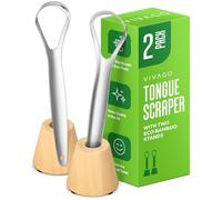 VIVAGO Stainless Steel Tongue Scraper for Adults with Bamboo Holder (2 Pack) - Metal Tongue Scraper for Tongue Cleaning and Reducing Bad Breath - Tongue Cleaner for Oral Care & Hygiene