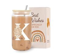 VivaJoy A-Z Initial Personalised Birthday Gifts for Women - Monogrammed Gifts for Women,Initial Letter K,Glass Cups with Lids Straws, Funny Christmas or Birthday Gifts for Her,Mum,Friend,Sister
