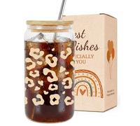 VivaJoy Gifts for Women Leopard Print Soda Can Glass with Bamboo Lid Straw, Reusable Cup for Iced Coffee Juice Smoothies Cocktails, Cute Drinkware Present for Her