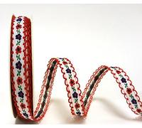 VIVANT Red & Navy Embroidered Flowers on 12mm White FOLK Ribbon with Red Lace Edge on a 2m Length (N.B. this is a cut from a roll, presented on a Bertie's Bows ribbon card)