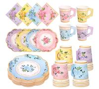 Vivantia 48 Pieces Floral Tableware Set Afternoon Tea Party Tableware Paper Plates Cups with Handles Floral Napkins Vintage Party Decorations for Birthday Baby Shower Weddings, Serve 16 Guests