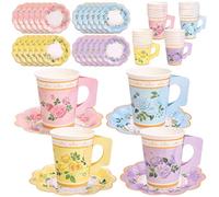 Vivantia 48 Pieces Floral Tea Party Cups and Saucers 9 Oz Vintage Paper Tea Cups with Handles and 6 Inch Plates Disposable Blossom Teacups and Saucers Sets Serve 24 for Birthday Wedding Baby Shower