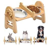 Vivantia Raised Dog Cat Rabbit Bowl with Stand, Elevated 6-Level 6~15 cm Adjustable Height, Bamboo Pet Feeding Station with 304 Stainless Steel Bowls for Dogs Cats Rabbits and Other Pets