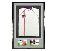 Vivarti DIY Adult 3D Mounted + Double Aperture Sports Shirt Display Frame for Football Shirt, Rugby Shirt, Band T-Shirt Shadow Box - 61 x 91.5cm - Gloss Black Frame, Silver Mount, Black Backing Card