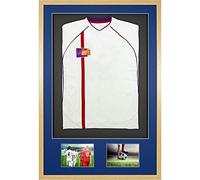 Vivarti DIY Junior 3D Mounted + Double Aperture Sports Shirt Display Frame for Football Shirt, Rugby Shirt, Band T-Shirt Shadow Box - A1 59.4 x 84cm - Oak Frame, Blue Mount, Black Backing Card