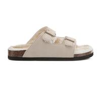 VIVASHOES Faux Suede Twin Strap Big Buckle Suede Slide Sandals for Women - Cozy Double Strap Slip-On with Adjustable Buckles & Cork Footbed - Soft House Sandals for Indoor & Outdoor - Beige 6