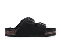 VIVASHOES Faux Suede Twin Strap Big Buckle Suede Slide Sandals for Women - Cozy Double Strap Slip-On with Adjustable Buckles & Cork Footbed - Soft House Sandals for Indoor & Outdoor - Black 8